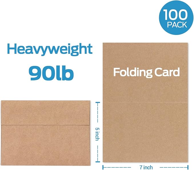 Ohuhu Blank Brown Kraft Cards and Envelopes 100 Pack - 5" x 7" Folded Cardstock Paper and A7 Envelopes for DIY Greeting Cards Wedding Birthday Invitations Baby Shower Thank You Cards and All Occasions