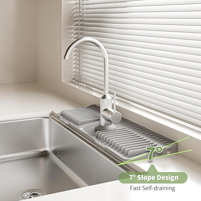 Faucet Mat for Kitchen Sink, 2025 New Silicone Sink Splash Guard, 7°Slope Fast Self-draining, Fast Drying Tidy Faucet Mat Splash Guard