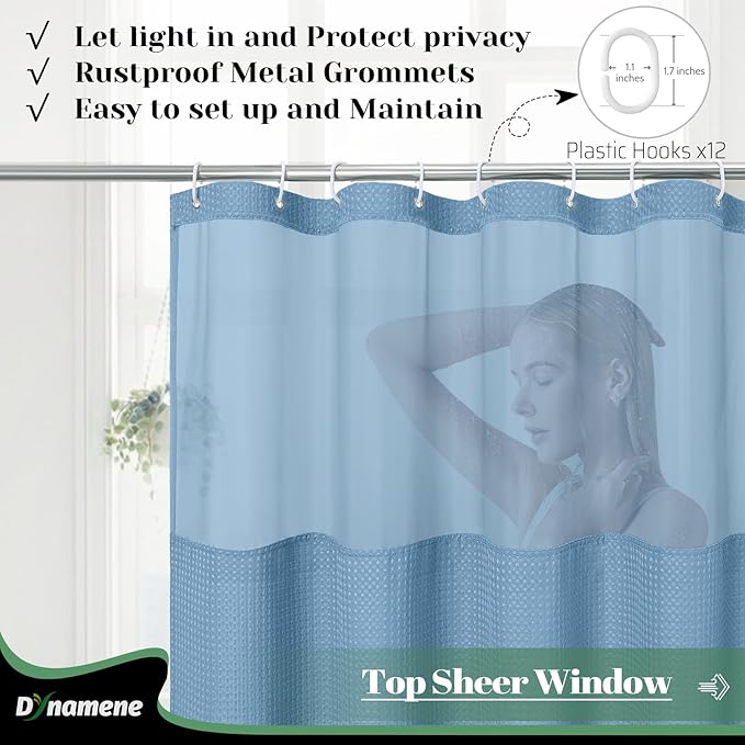 Dynamene 78 Inch Long Shower Curtain, Tall Waffle Fabric Shower Curtains for Bathroom, Hotel Waterproof Cloth Shower Curtain Liner Set with Hooks, Snap in Liner, Mesh Top Window, Moonlight Blue, 72x78