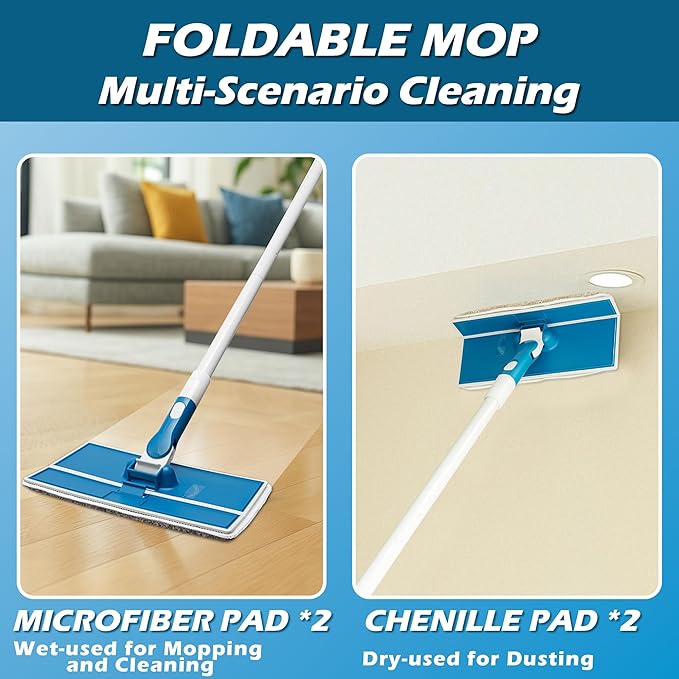 Wall Cleaner Mop with Foldable Panel, Baseboard Cleaner Tool with 55" Long Handle, Cleaning Mop Duster for Walls, Ceilings, Baseboards, Floors