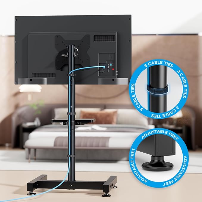 Floor TV Stand with Mount for 13-50 inch Screens, Tilting and Height Adjustable Floor Monitor Stand Mount, Portrait to Landscape, Portable TV Stand with Shelf Holds up to 77lbs Max VESA 200x200mm