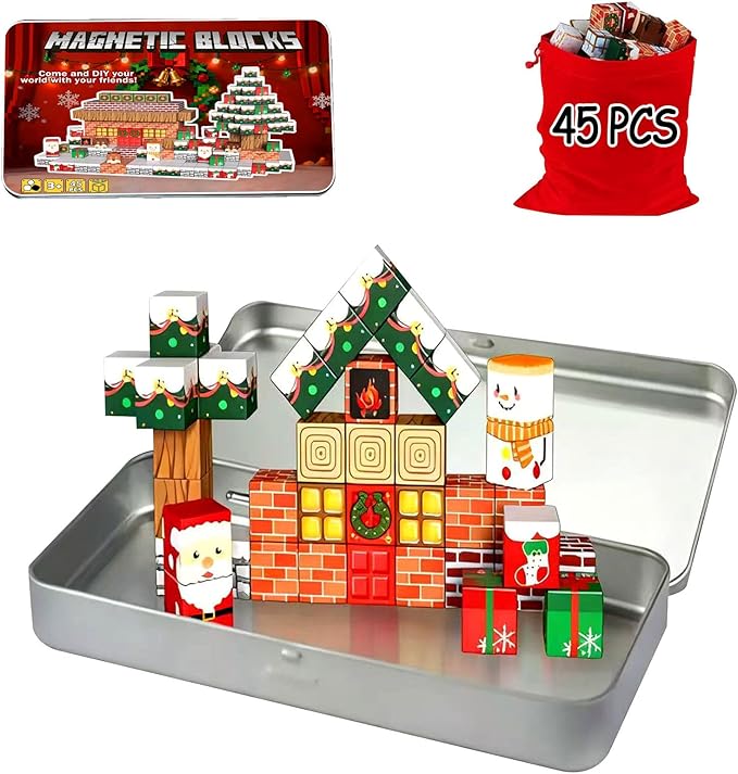 Christmas Magnetic Blocks-45PCS Xmas-Themed Building Blocks for Boys & Girls Aged 3-8 STEM Stacking Toys Games for Kids Toddlers