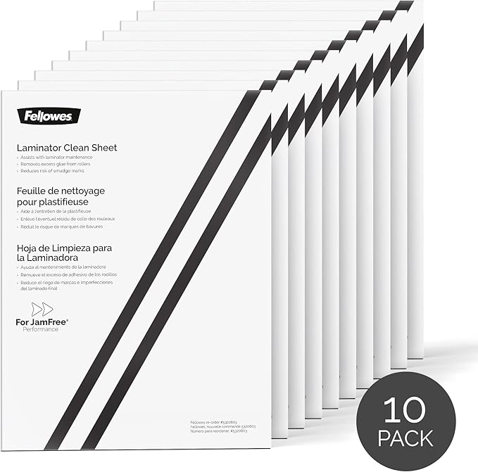 Fellowes Laminator Cleaning Sheets, 10 Pack, 8.5 x 11 in