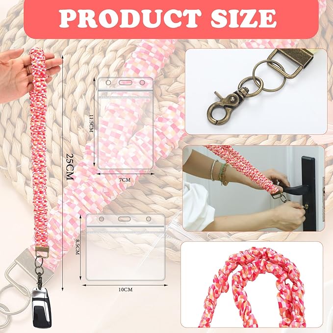 Marspark 2 Set Scrunchie Lanyards with 4 Card Holders for ID Badges and Keys Cute Stretchy Scrunchie Neck and Wrist Lanyards for Teacher Women Nurses School Office Supplies(Bright, Checked)