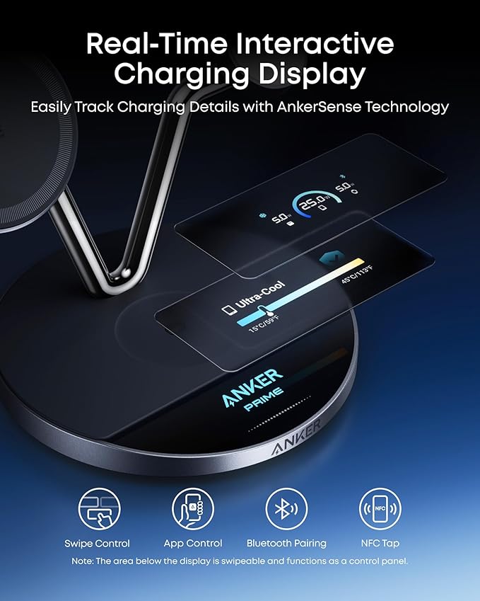 Anker Prime MagSafe Charger Compatible, 3-in-1 Charging Station, Qi2 25W Certified Wireless Charger Dock Stand, Smart Display with TEC Active Cooling, for iPhone 17, Apple Watch, AirPods, and More