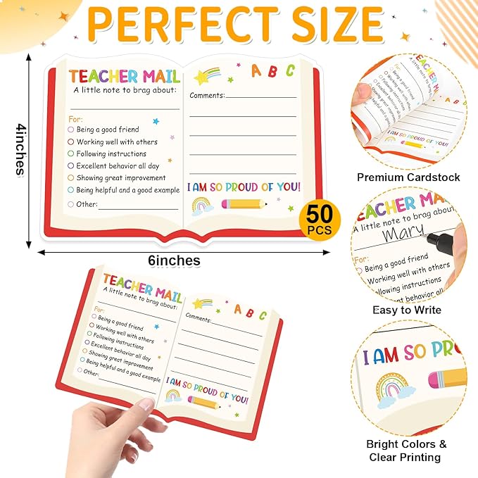 50Pcs Teacher Mail Notes to Parents, Happy Mail from Teacher, Brag Cards for Students Behavior Classroom Must Haves to Send Home for Preschool Kindergarten Elementary School Supplies (Book)
