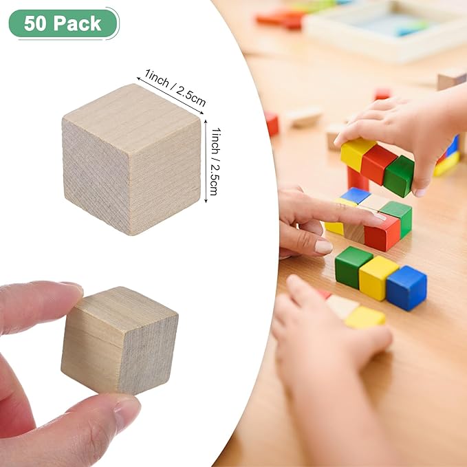 50-Pack DIY Wooden Cube, 1 Inch(2.5 Cm) Colored Natural Wood Blocks for Crafts Making Puzzle Games/Wedding/Home Decor/Dice/Building, Square Blank Block [Natural Tone]