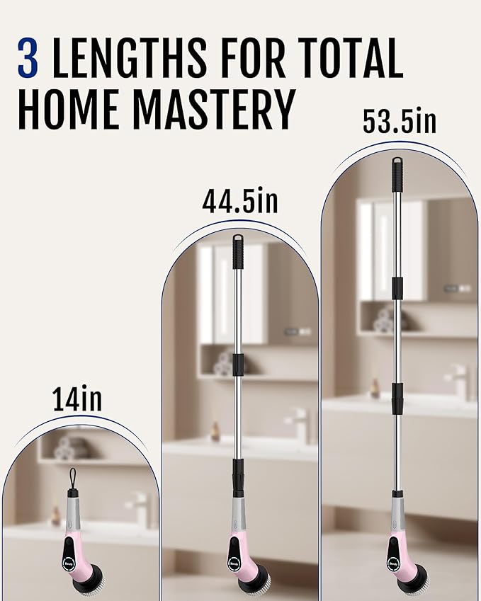 Dovety Electric Spin Scrubber, Cordless Cleaning Brush, Shower Scrubber with 8 Replaceable Brush Head, Power Cleaning Brush with Extension Handle, 2 Adjustable Speed, for Bathtub Grout Tile Floor