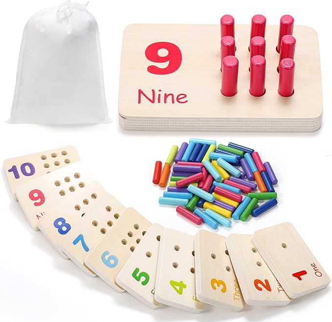 Suwimut Wooden Counting Peg Board, Kindergarten Math Manipulatives Number Counting Toys, Learning Activities Montessori Educational Toys for 3 4 5 Year Old Kids Boys Girls Gifts