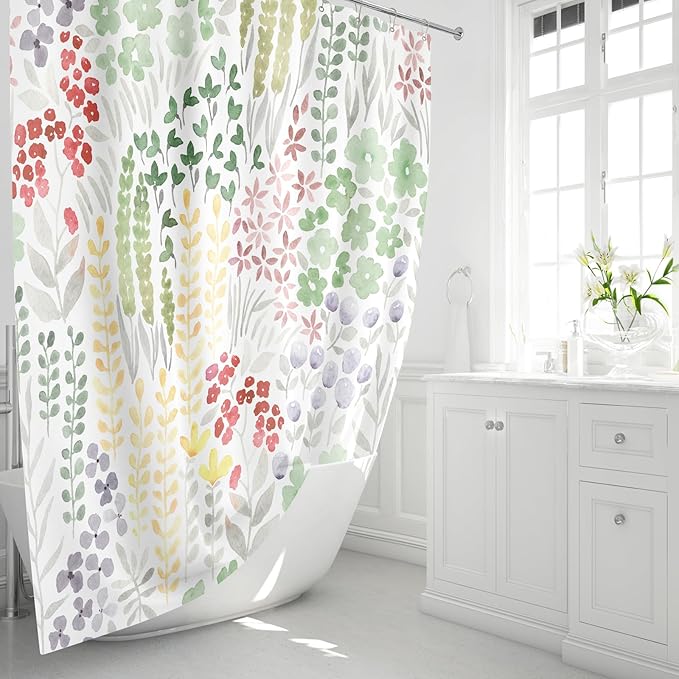Extra Long Shower Curtain 72 x 84 Inch, Tall Cute Floral Shower Curtain for Bathroom, Sage Green Wildflower Boho Cottagecore Fabric Shower Curtain Set with Hooks