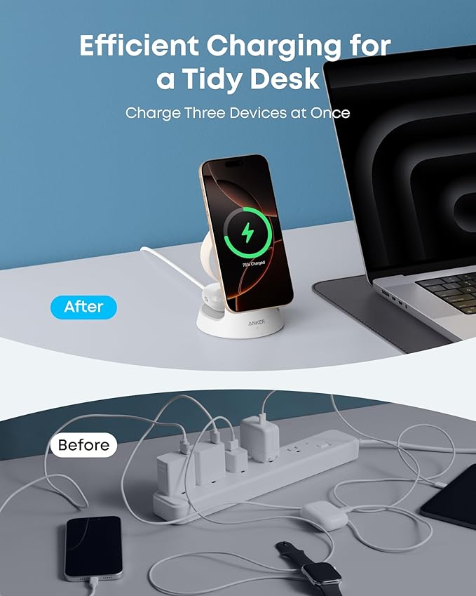Anker MagSafe Charger Compatible, MagGo 3-in-1 Charging Station, Nano Charging Stand, Qi2 Certified 15W Magnetic Wireless Charger Dock, for iPhone17/16/15/14, Apple Watch,AirPods (Adapter Included)
