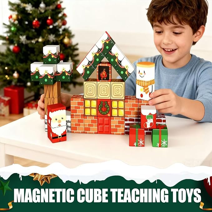 Christmas Magnetic Blocks-45PCS Xmas-Themed Building Blocks for Boys & Girls Aged 3-8 STEM Stacking Toys Games for Kids Toddlers