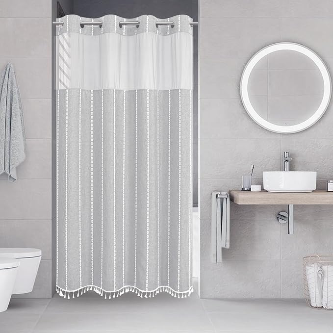 No Hook Stall Shower Curtain with Snap-in Fabric Liner - 54x80 Heavy-Duty Linen Textured Striped Design,Narrow Rustic Modern Farmhouse Bohemian Bathroom Curtain,Water-Repellent,Grey/Gray