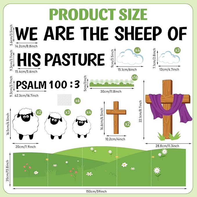Easter Christian Bulletin Board Set VBS 2026 Religious Jesus Classroom Decoration Sheep Paper Cutouts We are The Sheep of His Pasture Bulletin Board for Sunday School Church Chalkboard Door Wall Decor