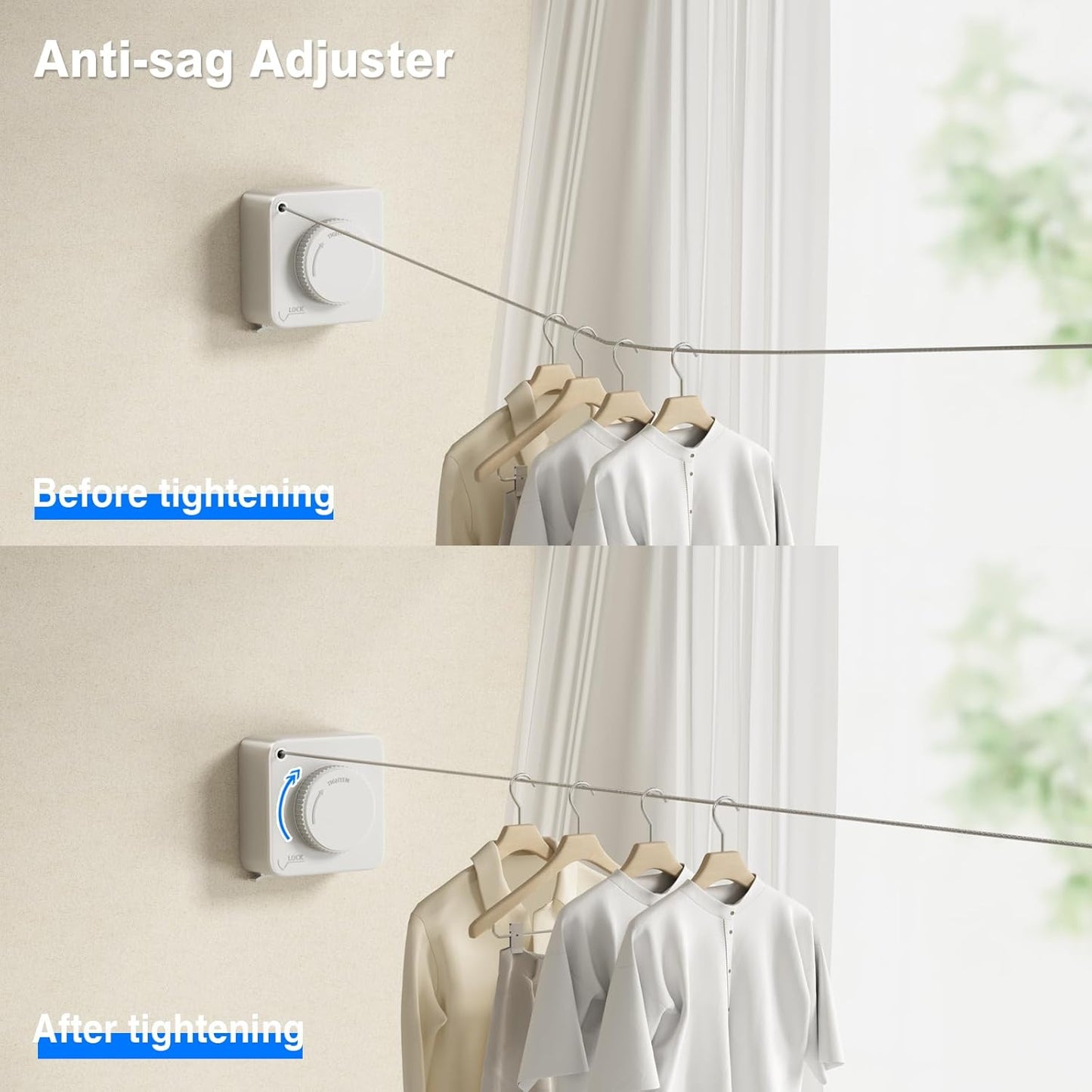 Retractable Clothesline Indoor, Non-Sagging Outdoor Clothes Line Retracting Heavy Duty Clothes Drying Laundry Line Wall Mounted Stainless Steel Line-15.1 Feets(Square-White)