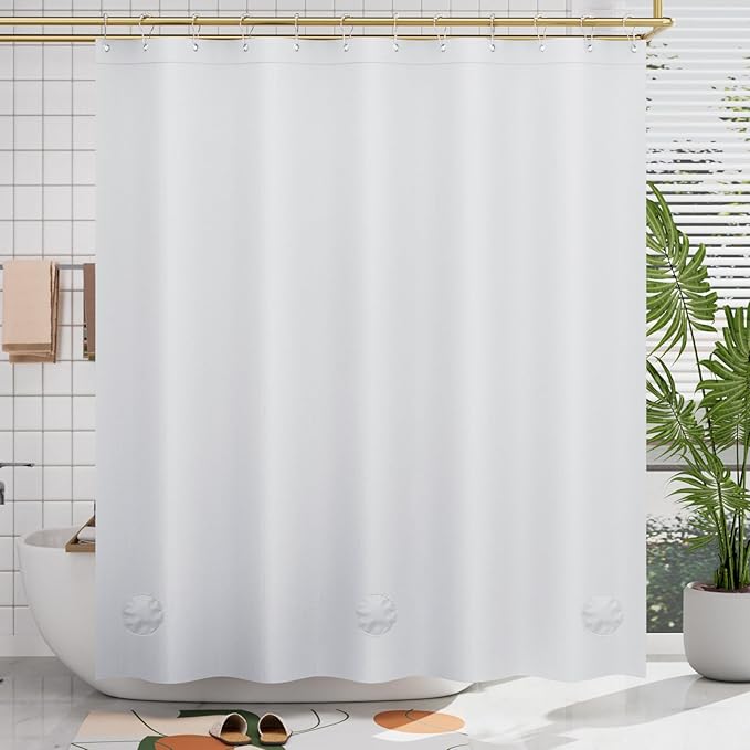 AmazerBath Plastic Shower Curtain, 72 x 65 Inches PEVA Heavy Duty White Shower Curtain, Waterproof Heavy Weight Thick Bathroom Curtain with 3 Big Clear Weighted Stones and 12 Rustproof Grommets