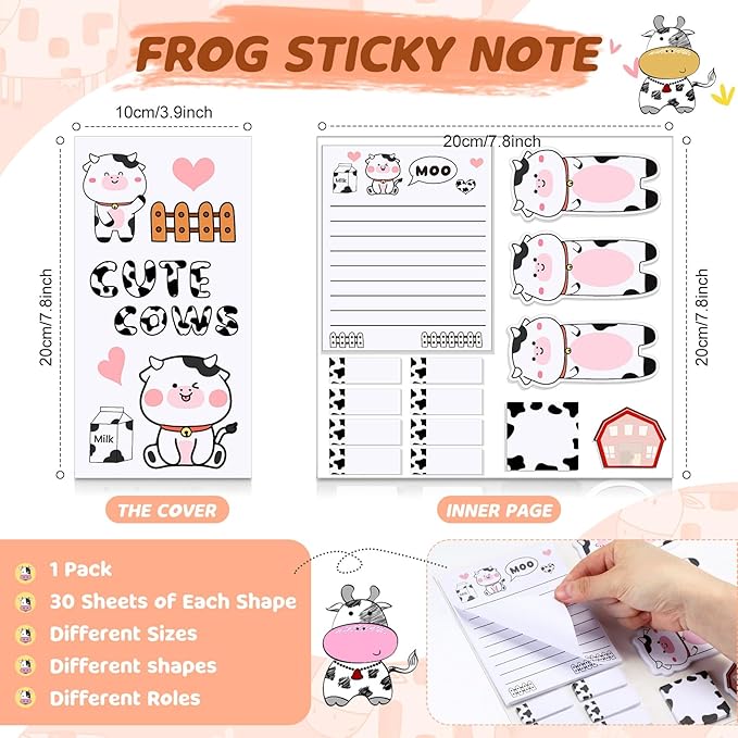 Crtin 69 Pcs Cute Sticky Notes Set,Cartoon Pen, Stickers, Paperclip, Sticky Memos Office & Party Favors(Cow)