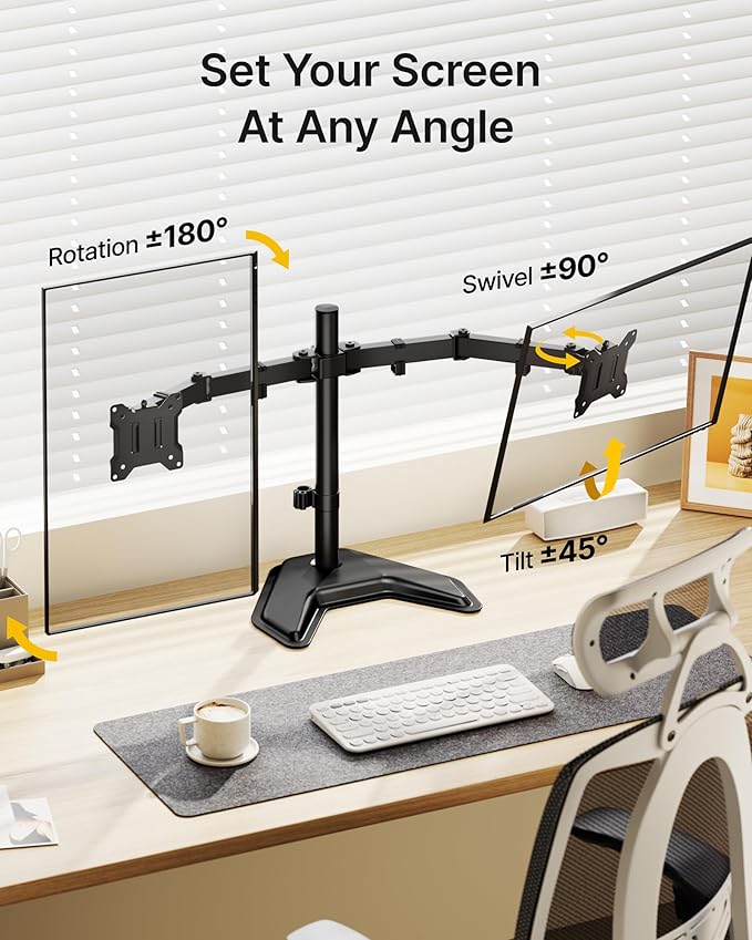 monTEK Stable Freestanding Dual Monitor Stand for 17–32” Computer Screens, Heavy-Duty Desk Mount with 22 lbs per Arm, Fully Adjustable Brackets and Arms, Solid V-Shaped Base, VESA 100×100mm Max