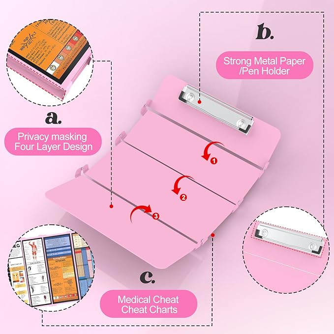 Nursing Clipboard Foldable-4 Layers Aluminum Nurse Foldable Clipboard Nursing Medical Edition Cheat Sheets, Pocket Size Pen Clip for Nurses Students School and Doctors-Pink