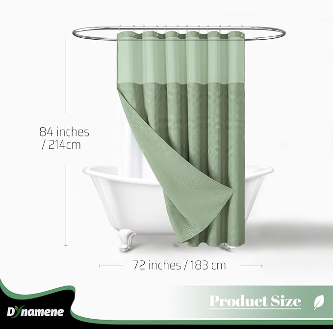 Dynamene Extra Long Shower Curtain, 84 Inch Long Waffle Fabric Shower Curtain for Bathroom, Tall Waterproof Cloth Shower Curtain Liner Set with Hook, Snap in Liner, Mesh Top Window, Sage Green, 72x84