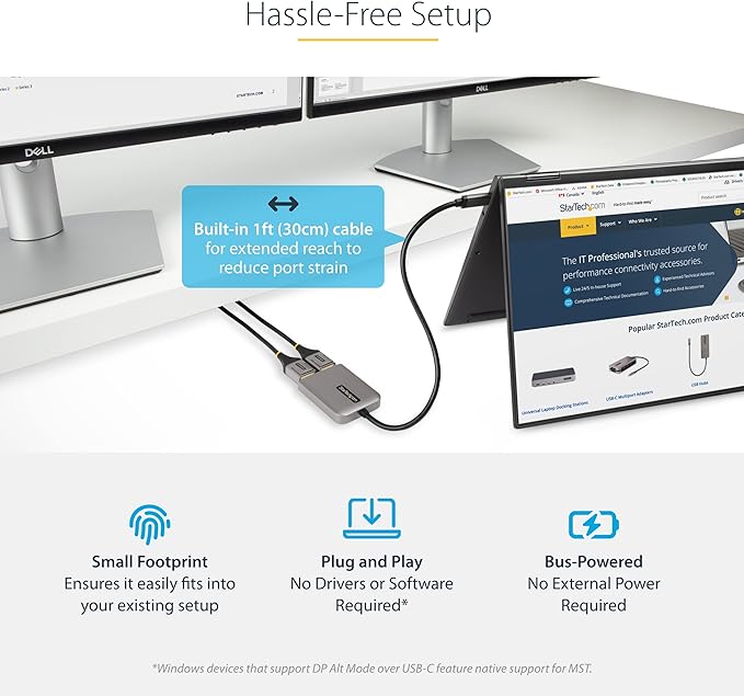 StarTech.com USB-C to Dual Displayport 1.4 Adapter, USB Type-C Muliti-Monitor MST Hub, Dual 5K 60Hz DP Laptop Display Extender / Splitter, HDR, Extra-Long Built-In Cable, Windows Only (MST14CD122DP)