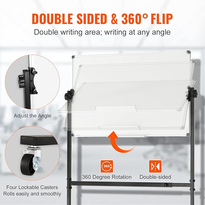 VEVOR Rolling Magnetic Whiteboard, Double-Sided Mobile Whiteboard 36x24 Inches, 360° Reversible Adjustable Height Dry Erase Board with Wheels & Movable Tray for Office, School