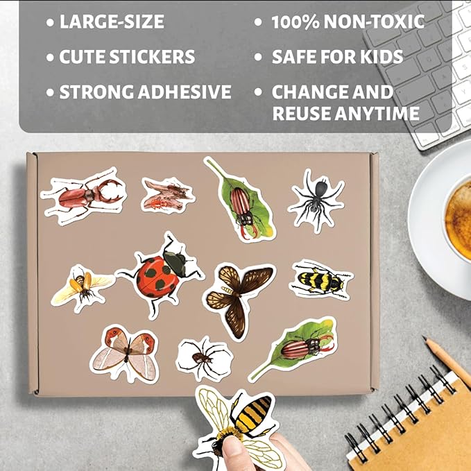 Realistic Insect Butterfly Bug Stickers Pack 50Pcs Vinyl Decals for Water Bottles Laptops Notebooks Scrapbooking Educational Nature Themed Kids Students Teachers