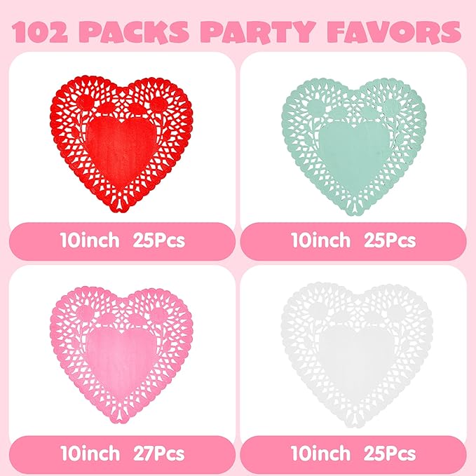 JOYIN 102 PCS 10" Valentines Day Heart Doilies, Tableware Decoration, Home Activitie, Kitchen Disposable Table Crafts, Red White Pink Green Heart Doilies