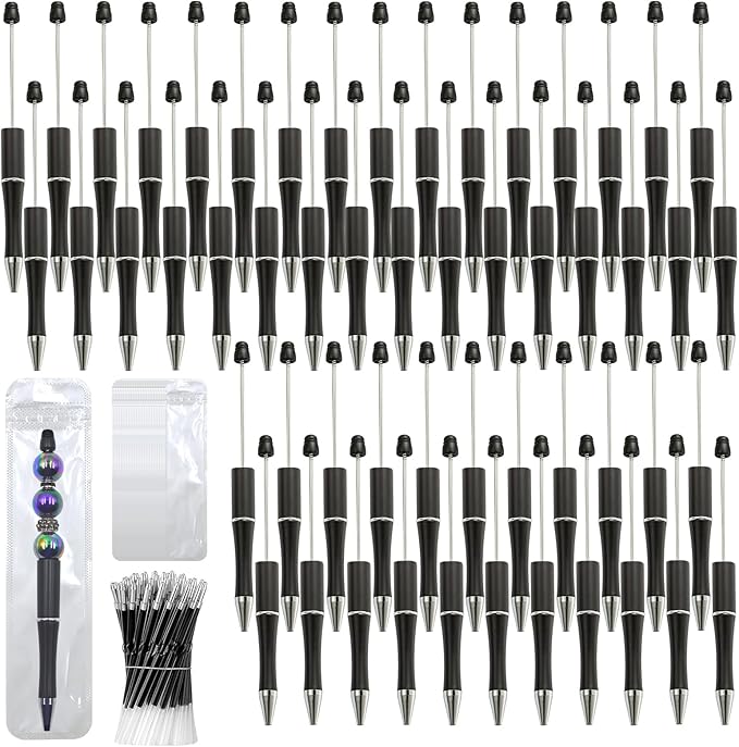 150 Pieces DIY Beadable Pen Kit – 50 Plastic Ballpoint Pens with Refills & Bags – School Supplies, Office Accessories & Decorative Items for Students & Teachers （Black）