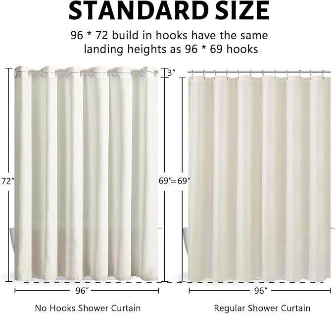 Extra Wide No Hook Shower Curtain,96 Inch Width Beige Fabric Shower Curtains with 12 Plastic Built-in Hooks,Waterproof & Machine Washable Hotel Style for Bathroom,96x72 Inch