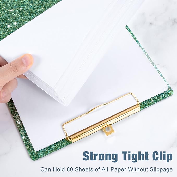 Piasoenc Acrylic Clipboards, Fashion Glitter Clip Board with Low Profile Gold Clip, Designed for Classroom School and Office Use, A4 Letter Size 9 x 12.5 in,Green