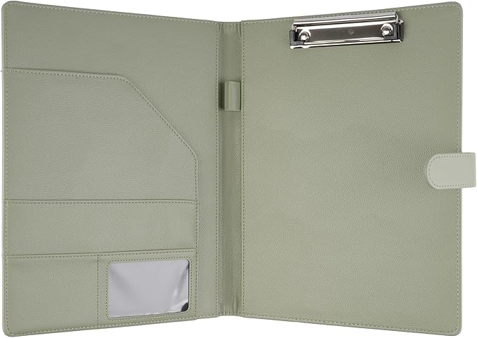 Professional Padfolio with Clipboard, Faux Leather Portfolio Folder Binder, Legal Pad Holder for A4 Letter Size Notepad, Resume, Writing, Ideal Organizer for Business Office Conference (Sage Green)