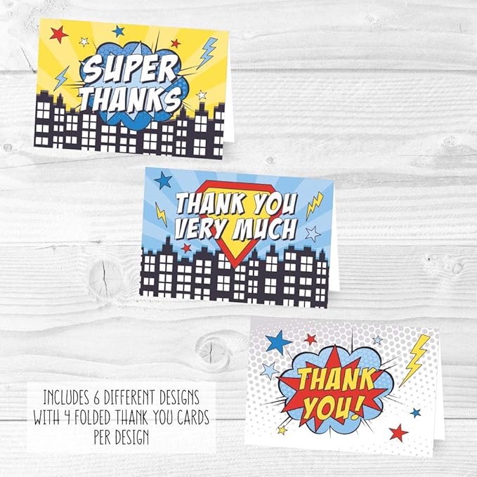 Hadley Designs 24 Superhero Thank You Cards With Envelopes - 4x6 Kids Thank You Cards Boys Birthday Bulk, Blank Baby Boy Super Hero Teacher Appreciation Notes, Superhero Party Supplies, Made In USA