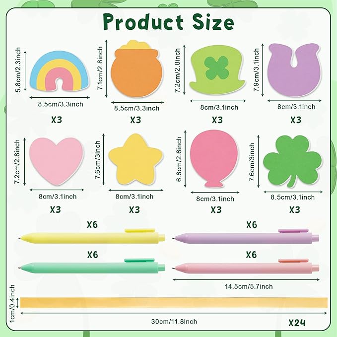 St. Patrick's Day Sticky Note - 24 Set Lucky Charm Bright Colors Super Sticky Notes Polyester Ribbons Ballpoint Pens Sticking Power Page Markers Strong Adhesive Clean Removal Semester School