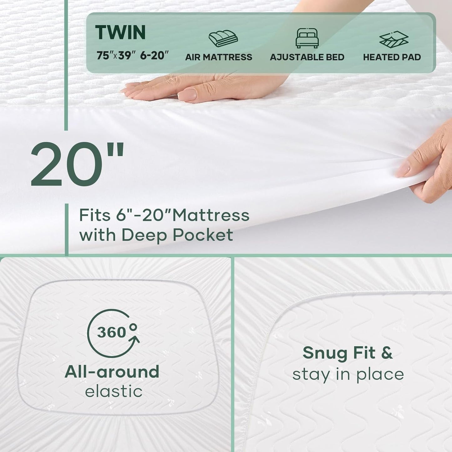 OhGeni 100% Waterproof Twin-2 Pack Mattress Protector, Fitted Sheet with Stretchable Pockets, Deep Sleep Noiseless Soft. Breathable Cooling Hypoallergenic Material, Bed Cover for Mattress