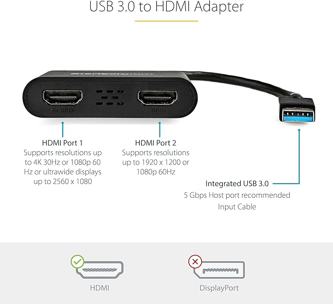 StarTech.com USB 3.0 to Dual HDMI Adapter, USB to 2x HDMI Monitor Converter for Windows, TAA (no support for macOS/ChromeOS/Linux)