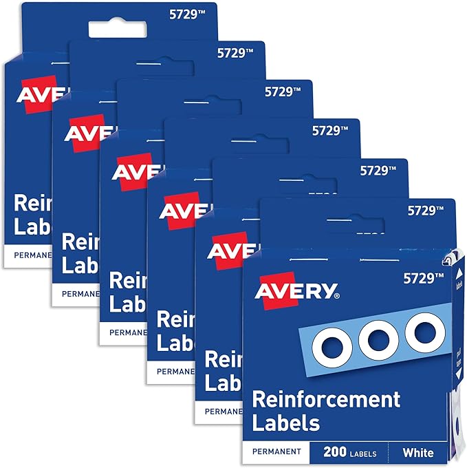 Avery Reinforcement Labels, 1/4" Diameter, Permanent Adhesive, White, Non-Printable, 6 Packs, 1,200 Page Reinforcement Stickers (21919)