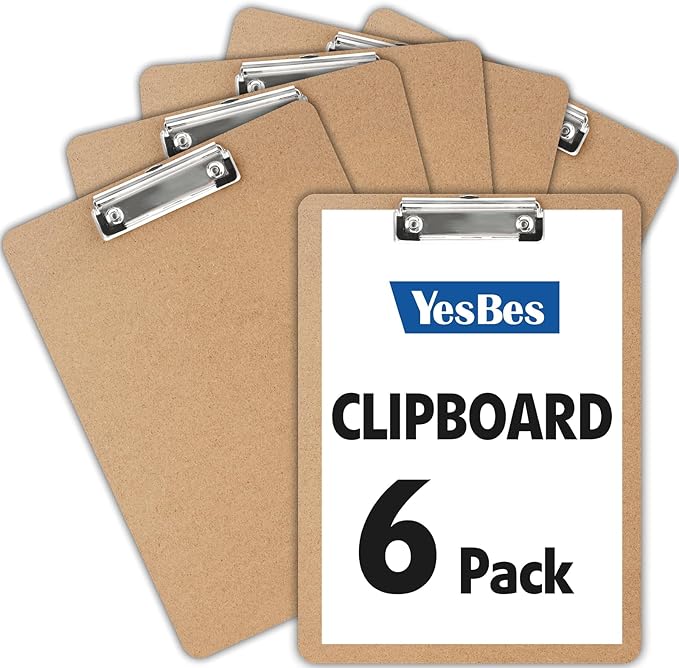 6 Pack Clipboards, Clipboards for Classroom, Letter Size (9 x 12.5 Inch) Wooden Clipboard, Hardboard Office Clipboard, Classroom Supplies