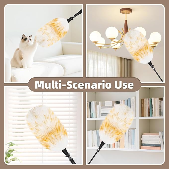 Extendable Lambswool Duster with 23-47 inch Rotatable Aluminium Alloy Pole, Natural Fluffy Reusable Wool Duster for Cleaning High Ceilings, Pendant Lamps, Blinds, Furniture and Roof