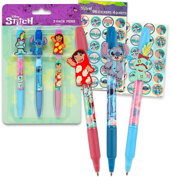 Disney Lilo and Stitch Pens Set - Bundle with 3 Lilo and Stitch Pens with Clip Plus Stickers for Kids School Supplies Desk Accessories for Boys, Girls