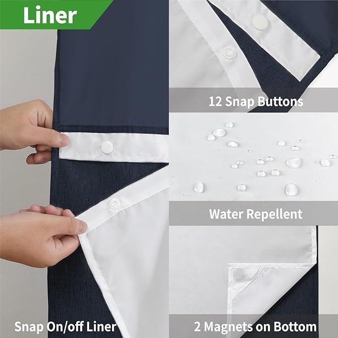 Extra Long No Hooks Needed Linen Textured Shower Curtain with Snap-in Fabric Liner Set,White Hotel Luxury Decor Shower Curtains for Bathroom,Waterproof & Washable,71Wx86H,Navy Blue