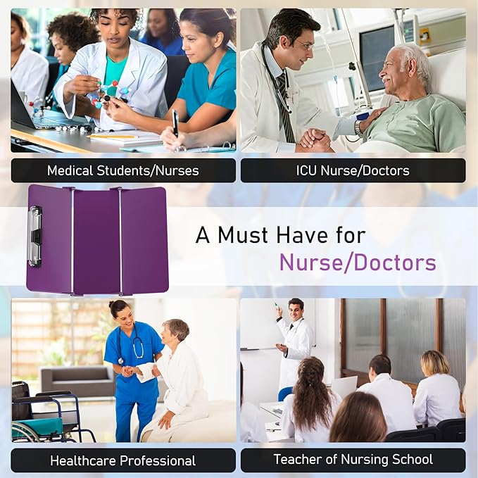 Nursing Clipboard Foldable w/Nursing Edition Cheat Charts, 3 Layers Aluminum, Nurse Board w/Low Profile Clip&Pen Clip Pocket Blank for Nurses, Doctors, Dark Purple