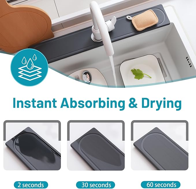 Faucet Mat for Kitchen Sink with Raised Feet, Fast Drying Diatomite Stone Sink Tray, Water Absorbent Faucet & Sink Splash Guard, Prevents Moisture Buildup, Durable Protector for Bathroom Counter