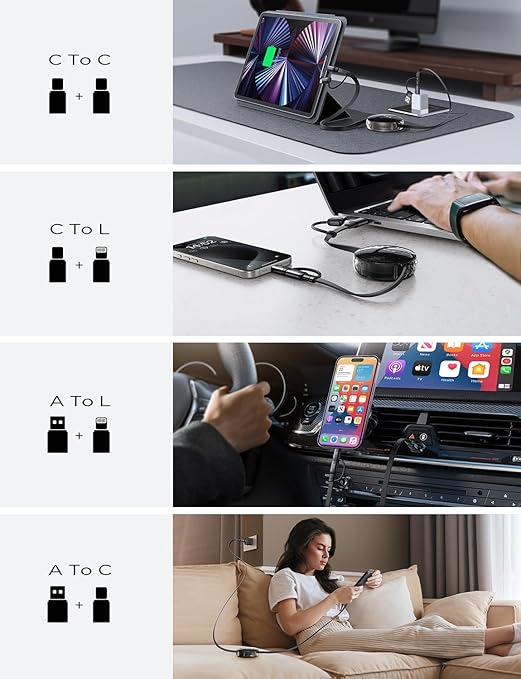 LISEN 5-in-1 Fast Charging Retractable Cable for iPhone, iPad, Samsung - 60W Charger with USB-C/A Ports for Phones, Tablets, Black