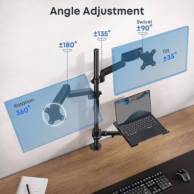 Dual Monitor and Laptop Mount Stand with Extra Long Pole, Holds 2 Monitors up to 32 Inch 19.8 lbs Each and 10-17 Inch Laptop, Full Motion Adjustable Desk Mount with C Clamp