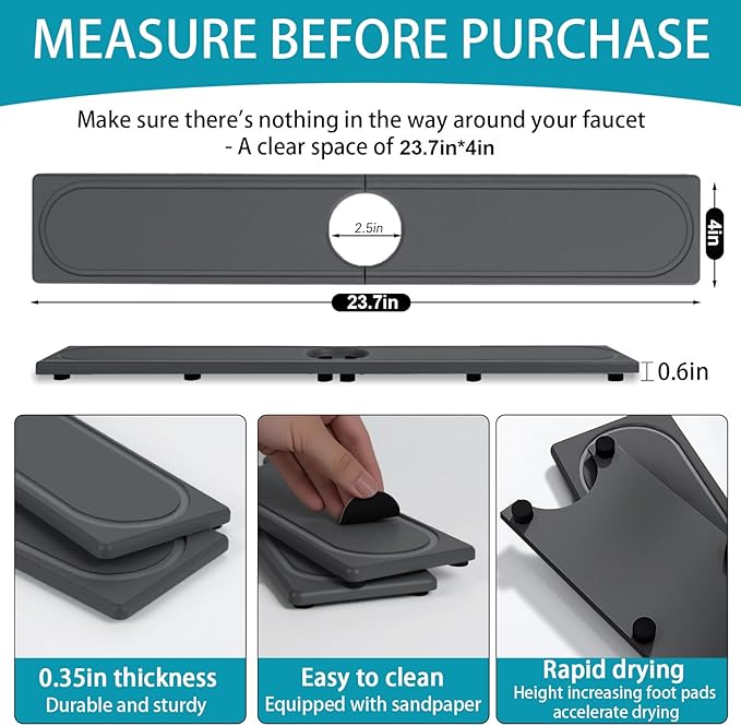 Faucet Mat for Kitchen Sink with Raised Feet, Fast Drying Diatomite Stone Sink Tray, Water Absorbent Faucet & Sink Splash Guard, Prevents Moisture Buildup, Durable Protector for Bathroom Counter