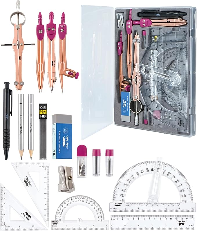 Mr. Pen- Geometry Set, 15 pcs, Rose Gold & Pink, 6 Inch Swing Arm Protractor, Divider, Set Squares, Ruler, Compasses and Protractor