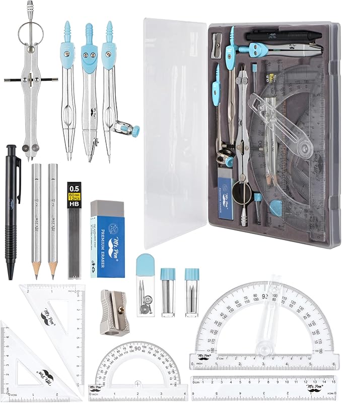 Mr. Pen- Geometry Set, 15 pcs, Light Blue, 6 Inch Swing Arm Protractor, Divider, Set Squares, Ruler, Compasses and Protractor