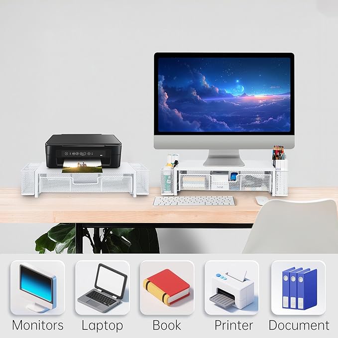 Computer Monitor Stand Riser with Drawer and Pen Holders, Desk Organizer Shelf and Accessories, Office Desk Accessories, Office Organization, White