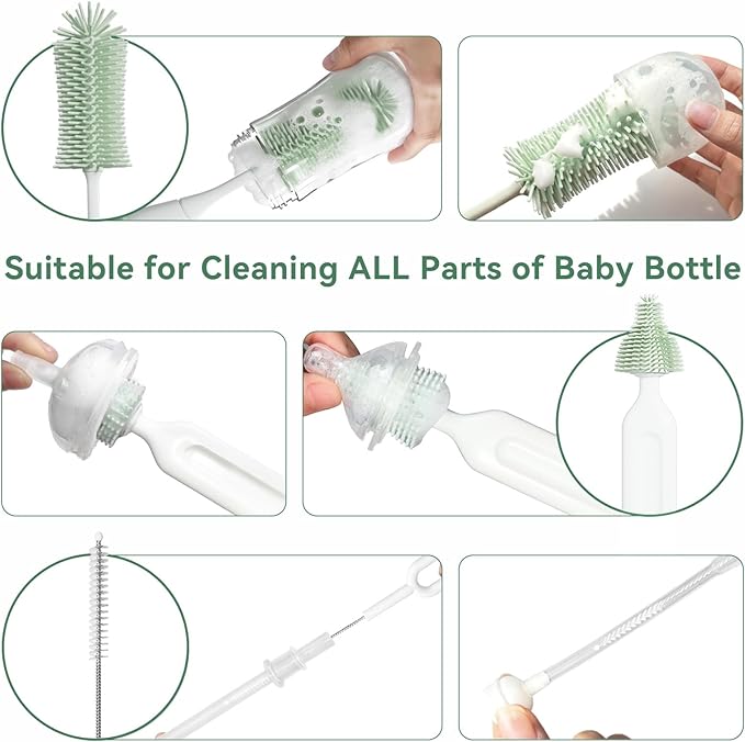 Bottle Brush Set, Innovative Efficient Press-to-Spin Brush Cleaner - Includes Silicone Baby Bottle Brush, Nipple Brush, Straw Cleaner - Spinning Generates Rich Foam for Deep Cleaning, Green